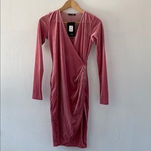 Pink Velvet Long Sleeve Midi Dress